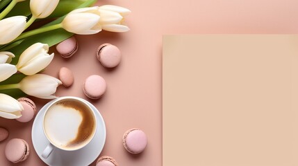 Obraz na płótnie Canvas Top view cup of coffee, white tulips, macarons