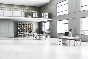 Bright two floors wooden and concrete office interior with windows and city view. 3D Rendering.