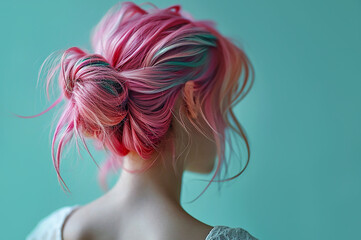 Portrait of woman with pink hair with bun hairstyle on blue background close-up, rear view.