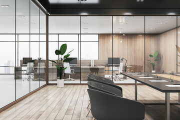 New wooden, concrete and glass meeting room interior with furniture and partitions. Workplace concept. 3D Rendering.