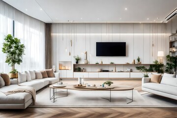 Fototapeta na wymiar White sofa and tv unit in spacious room. Luxury home interior design of modern living room, panorama.