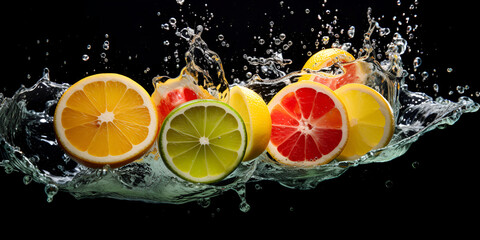 lemon and water splash,Photo blender with summer fruits flying isolated on black background water,Freshness of citrus fruit wet slice splashing in water generated by artificial intelligence,Close up o