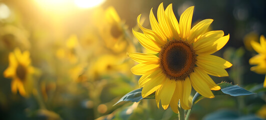Obraz premium Focus Sunflower flowers with stems and leaves isolated on meadow with sunbeam. Beautiful fields. 