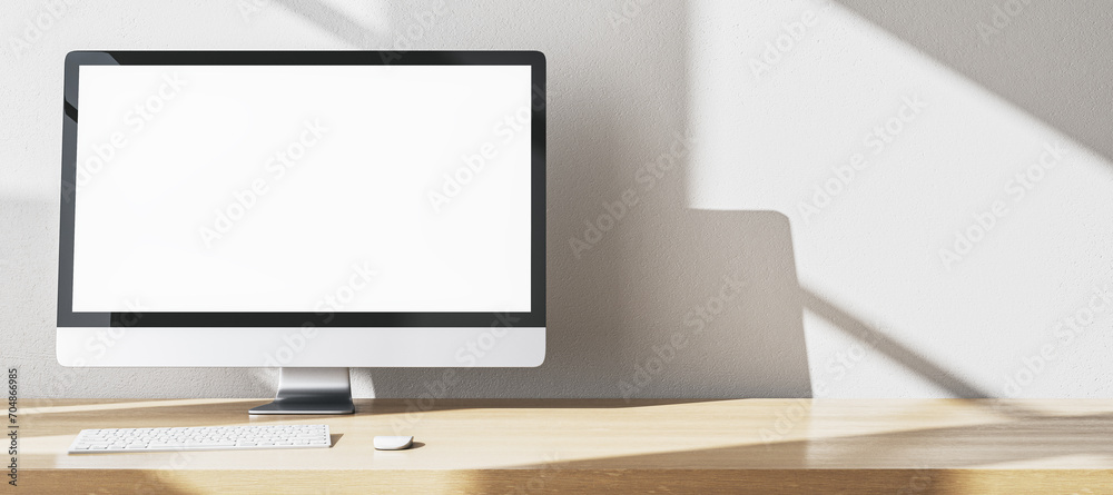Aufkleber Modern designer office desktop with empty white mock up computer monitor, supplies and other items. 3D Rendering.