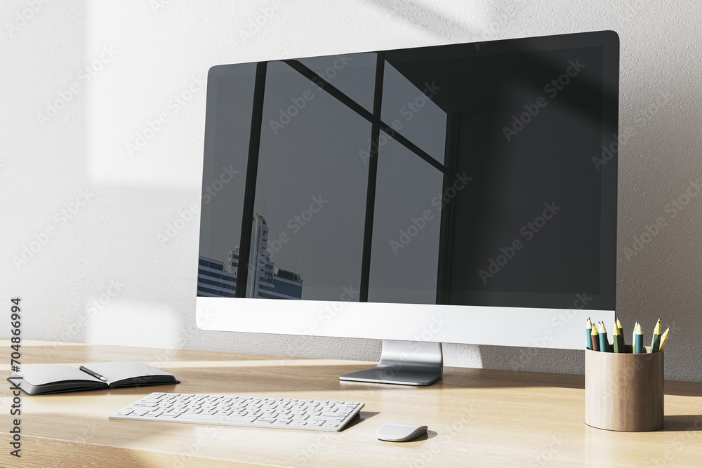 Poster modern designer office desktop with computer monitor and reflections, supplies and other items. 3d r