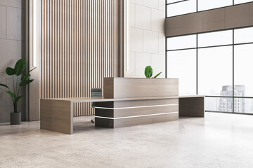 Bright office interior with reception desk, furniture, decor plants, wooden and concrete floors and walls, window with city view and daylight. 3D Rendering. © Who is Danny