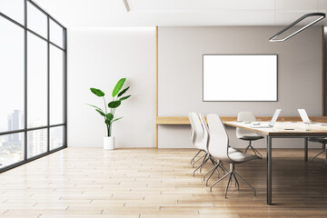 Modern conference room interior with empty white mock up billboard on wall, wooden flooring, negotiations furniture and panoramic window with city view. 3D Rendering.