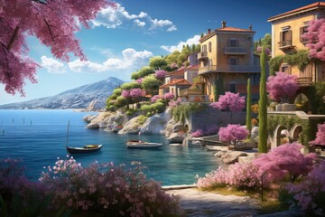 Serene Painting of a Lake With a Boat Floating, A postcard-style scene of a luscweet little Mediterranean village by the sea, AI Generated - obrazy, fototapety, plakaty