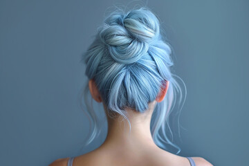Portrait of a girl with blue hair with bun hairstyle on blue background close-up, rear view.