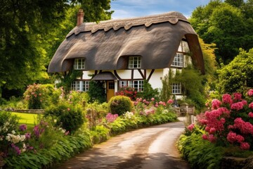 Fototapeta na wymiar A picturesque house with a thatched roof nestled amidst a vibrant garden filled with colorful flowers, A quaint countryside cottage with a thatched roof, AI Generated