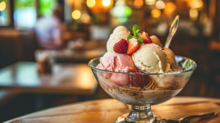  a bowl of ice cream with strawberries and raspberries in it on a wooden table in a restaurant.