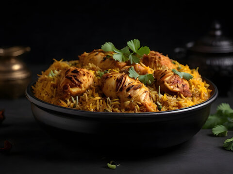 chicken biryani , spicy biryani in a plate , briyani surving , biryani in restraunt , tasty rice