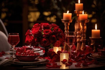 Naklejka na ściany i meble A stunning display of red roses and candles atop a tastefully decorated table, A romantic candle-lit dinner setting with a Valentine's theme, AI Generated