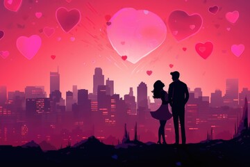 A man and a woman pose in front of a bustling city, creating a striking contrast between human presence and urban landscape, A romantic city skyline on the night of Valentine's Day, AI Generated