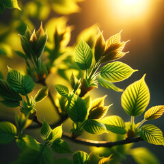Green Leaf Shoots in the Soft and Golden Light of Spring