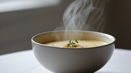  a bowl of soup on a table with steam rising out of the top and a spoon in the middle of the bowl. - obrazy, fototapety, plakaty