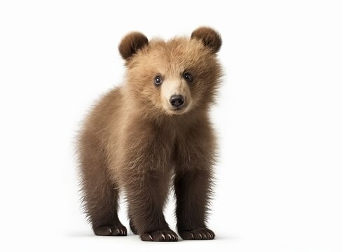 Adorable brown bear cub standing and looking at the camera, isolated on a white background.