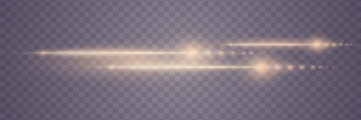 Light effect on a transparent background. Golden glowing neon lines. Golden glowing dust and glare of light. Vector illustration. EPS 10