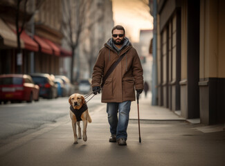Blind man navigating the city streets with the help of a guide dog and a white cane.