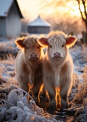 Two Highland calves standing in a snowy field