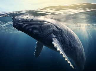 Humpback whale breaching the surface of the ocean with sun rays shining through the water.