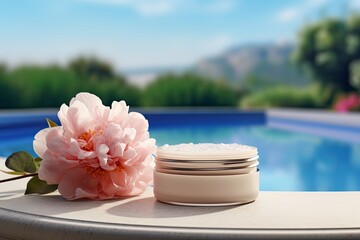 cosmetic cream product presentation on the podium with flowers peonies and petals on the background. to the pool or sea. hotel spa landscape