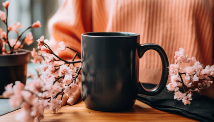 Obraz na płótnie Canvas Black coffee mug mockup with spring flowers pink bouquet on wooden table. Empty mug mock up for brand promotion.