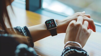 woman using smart watches with checking pulse via health application.