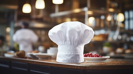 Fototapeta na wymiar Culinary Expertise: Chef's White Hat in Restaurant Kitchen