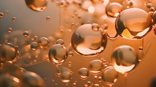 A macro shot of flowing glistening oil and water mixture creating transparent bubbles and abstract shapes