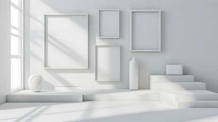white room with different size empty frames on the wall, mock up