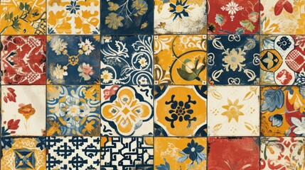  a close up of a tiled wall with many different colors and shapes of tiles in different shapes and sizes, including blue, yellow, red, orange, and white.