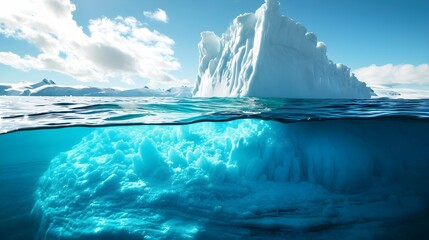 White Iceberg floating in clear blue water sea, under and above water view