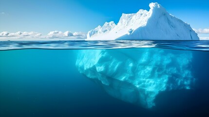 White Iceberg floating in clear blue water sea, under and above water view