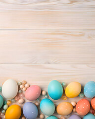 Fototapeta na wymiar Color easter eggs on a wood background - Celebration design
