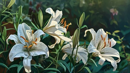 Fototapeta na wymiar a painting of white lilies in a garden with green leaves and flowers in the foreground, on a sunny day.