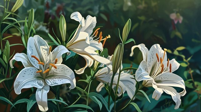  a painting of white lilies in a garden with green leaves and flowers in the foreground, on a sunny day.