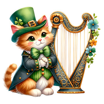 Cute leprechaun Cat holding Irish harp with decorative elements on St. Patrick's Day 