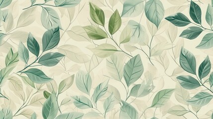  a close up of a wallpaper with a pattern of green leaves on a beige background with a white background.