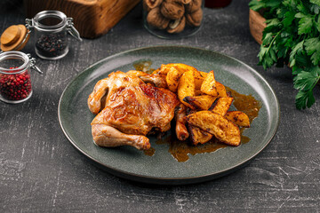 Portion of gherkin chicken with baked potatoes