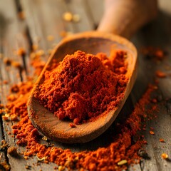 Red paprika pepper powder in wooden spoon