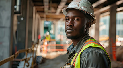 Portrait of a black construction worker dressed in work uniform and wearing a hard hat. He is posing at his work site, a building under construction
