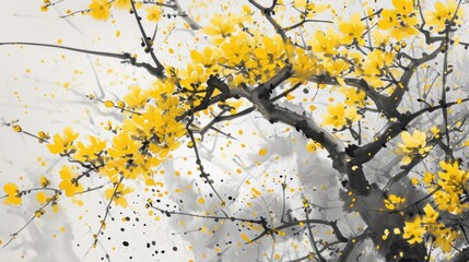  a black and white photo of a tree with yellow flowers in the foreground and a cloudy sky in the background.