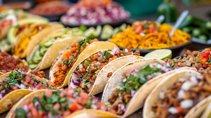 Colorful Assortment of Mexican Tacos with Fresh Ingredients - obrazy, fototapety, plakaty