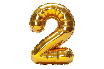 Inflatable gold letter "2" glossy, realistic hyper-detailed rendering style, bright color scheme, pure white background, front view PNG