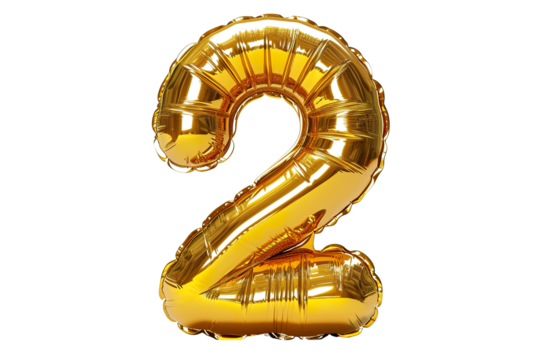 Inflatable gold letter "2" glossy, realistic hyper-detailed rendering style, bright color scheme, pure white background, front view PNG