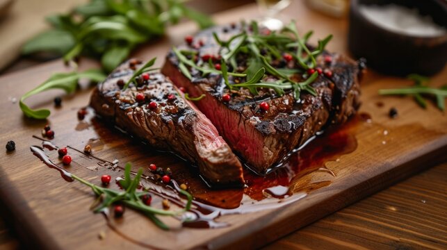 Succulent Grilled Steak Garnished with Fresh Herbs on Wooden Board