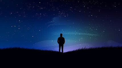 Silhouette of a man on the street against the backdrop of bright stars in the sky.