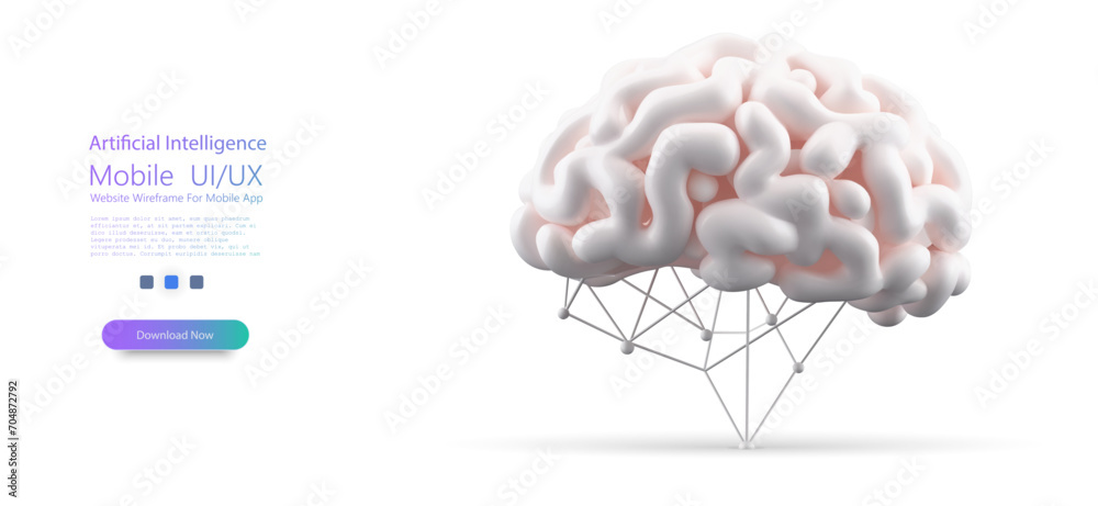 Poster 3d human brain illustration with network connections representing artificial intelligence. neuron sy