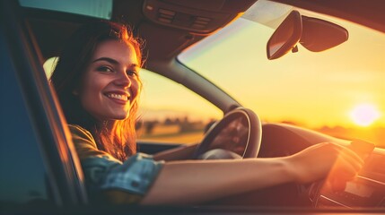 Naklejka premium Joyful beautiful young happy smiling woman driving her new car at sunset